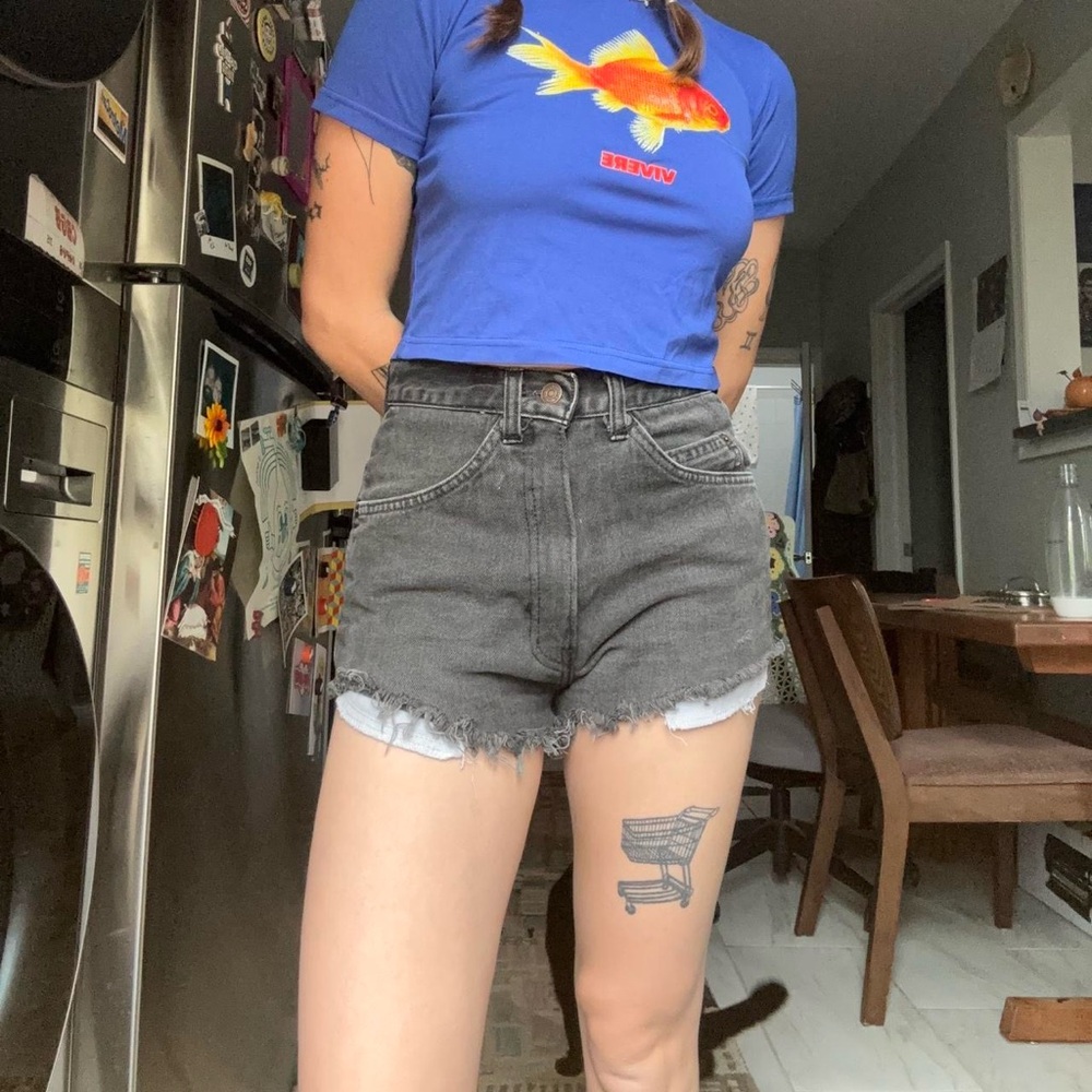 High-Waisted Distressed Denim Shorts in Washed Gray